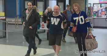 Blue Bombers fan, who won’t wear pants until they win, touches down in Calgary for Grey Cup