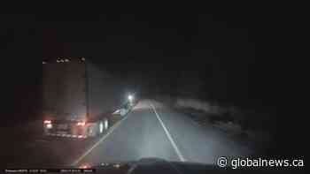Close call between trucks on B.C. highway caught on dashcam