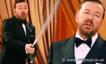 Ricky Gervais reveals he is set to host Golden Globes by spraying the studio with bubbly in promo 