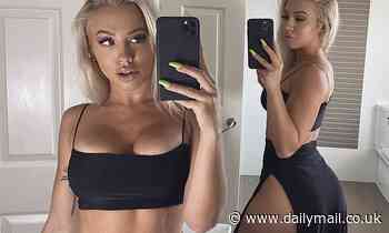Tammy Hembrow leaves little to the imagination as she sports VERY high-cut skirt