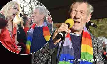Ian McKellen proudly dons a rainbow striped scarf at a charity fun run