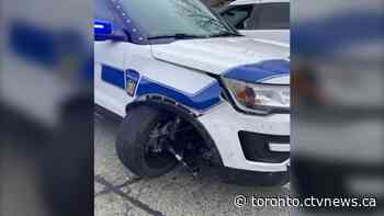 Suspect sought after vehicle allegedly strikes police cruiser, fails to remain