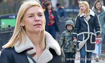 Claire Danes dons a shearling coat while son Cyrus wears padded camo jacket on cold day in NYC