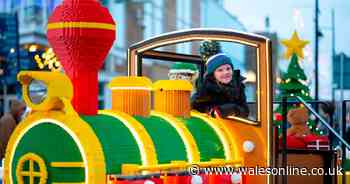 A train made of Lego bricks has arrived in Cardiff Bay for Christmas