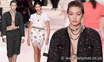 Gigi Hadid goes braless in a glitzy tweed co-ord at Chanel's Paris fashion show