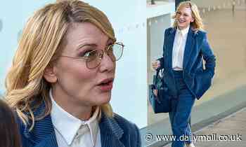 Cate Blanchett cuts a chic figure in a navy corduroy suit and loafers in London