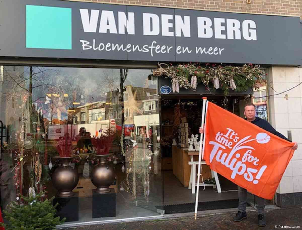Oranje tulpenvlag in straten en winkels