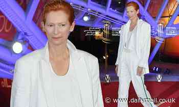 Tilda Swinton looks effortlessly chic in a crisp white trouser suit at the Marrakech Film Festival