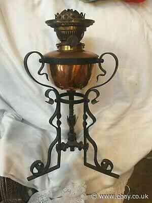 VICTORIAN HINKS AESTHETIC ART MOVEMENT COPPER AND WROUGHT IRON OIL LAMP