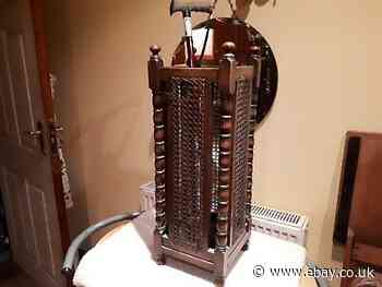 Vintage Mahogany umbrella/walking stick/cane stand Drip Tray, Bobbin turn legs