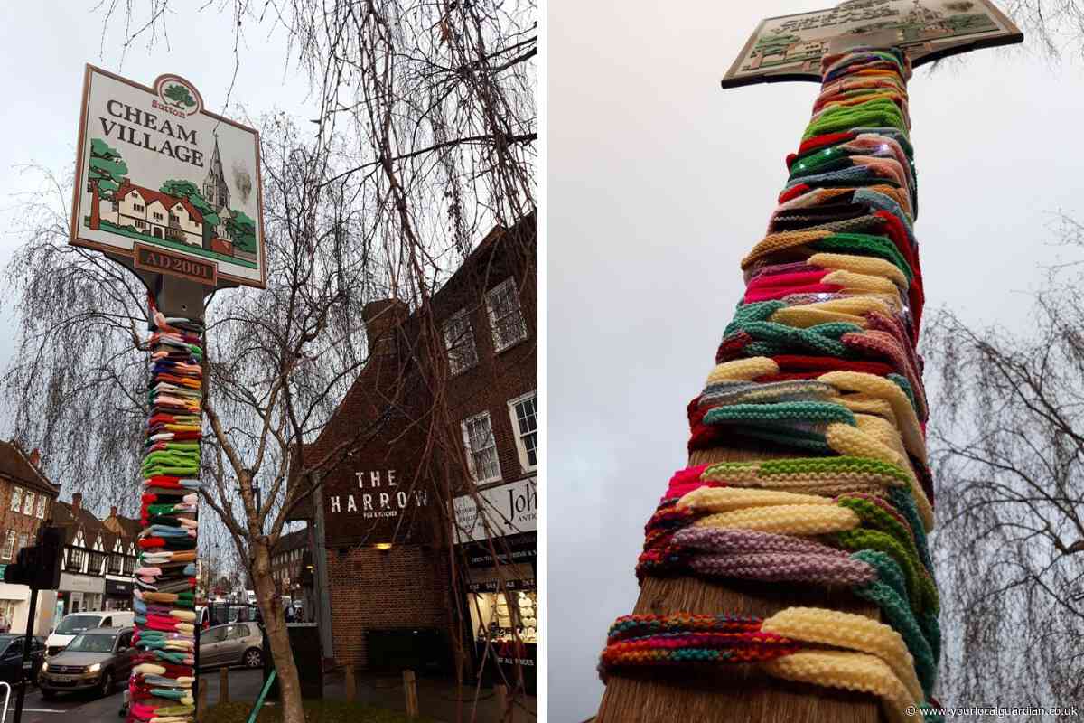 Cheam gets 'yarn bombed' as knitters add a bit of Christmas colour to town
