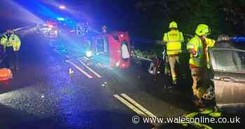 Four car crash closes road in Carmarthenshire as emergency workers battle to free trapped passengers