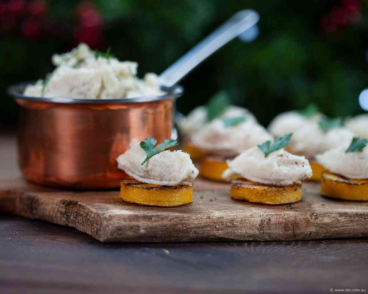 Salt cod mousse on polenta crostini (crostini di polenta con baccalà mantecato)