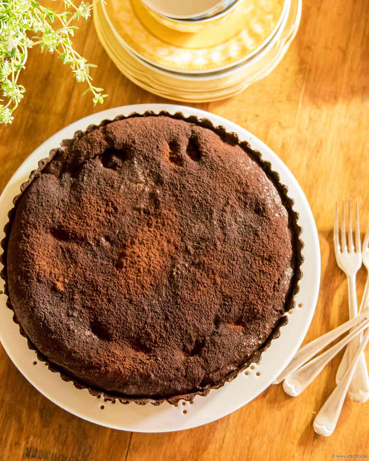 Chocolate, pear and almond tart
