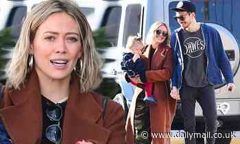 Hilary Duff bundles up in a coat and sweats for breakfast with fiance Matthew Koma and baby Banks