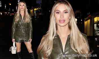 Ferne McCann puts on VERY leggy display in green leather shorts as she enjoys night out in London