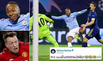 Raheem Sterling mocks Phil Jones after he is caught pulling a silly face during Man City's 4-1 win 