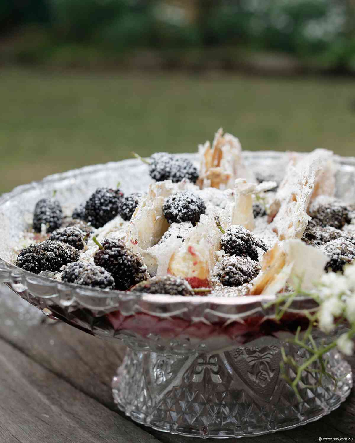 Mulberries with yoghurt and flaky pastry