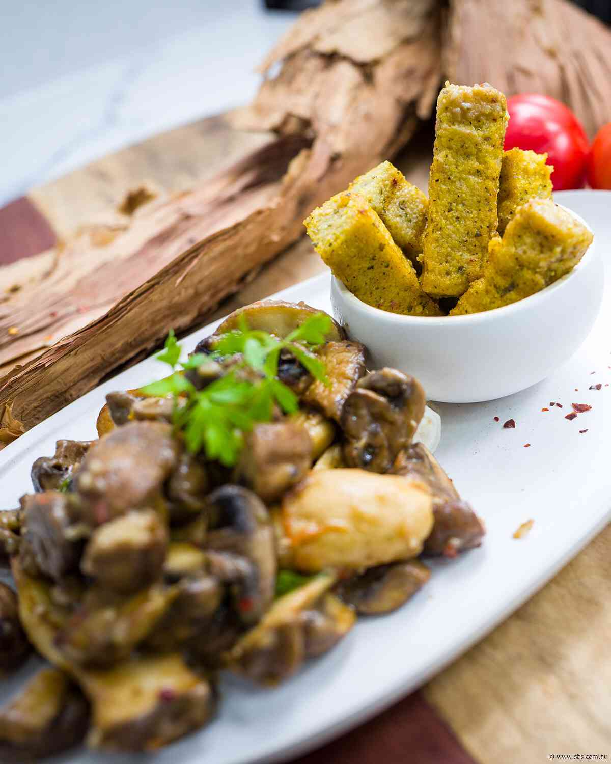 Mixed mushroom ragout with native spice polenta chips