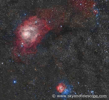 Lagoon Nebula (upper left), Trifid Nebula (lower corner) and Loreta Nebula (upper right)