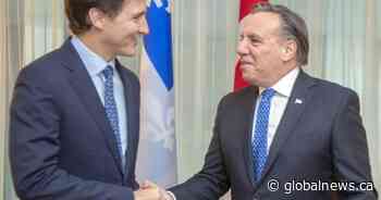 Quebec’s religious symbols ban, free trade deal on agenda as Trudeau, Legault meet in Montreal
