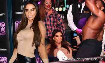 Katie Price enjoys a raunchy lap dance as she helps judge the Dreamboys auditions