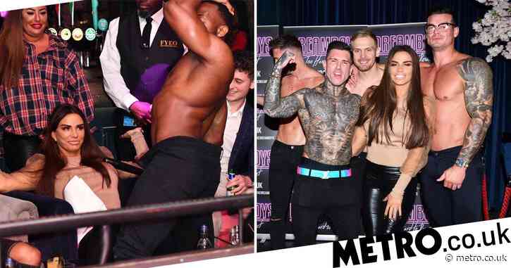 Katie Price soaks up lap dance as she makes crude joke while judging male stripper auditions