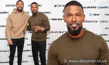 Jamie Foxx is casual cool in green sweater with boots while joined by Michael B. Jordan at SiriusXM