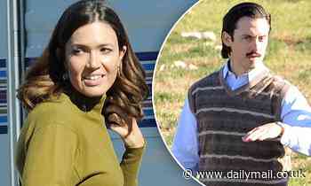 Mandy Moore looks retro chic as she shoots This Is Us with TV husband Milo Ventimiglia