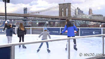 Ice skate on rooftop in Manhattan with skyline views of New York City