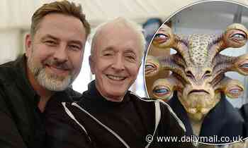 David Walliams beams alongside C-3PO actor Anthony Daniels with Star Wars props at Pinewood studios