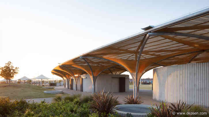 Golden mesh shades a sports pavilion in Sydney