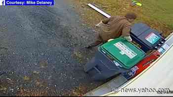 New York UPS driver hides Christmas toy behind garbage bins, tops with cardboard