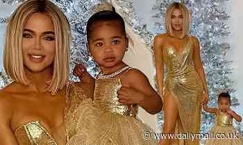 Khloe Kardashian and daughter True wear matching gold gowns