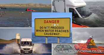 How many drivers are rescued from Holy Island Causeway each year?