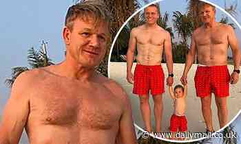 Gordon Ramsay, 53, poses with his eldest son Jack, 19, and eight-month-old Baby Oscar
