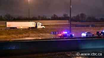 Pedestrian fatally struck by transport truck on Highway 401 near Allen Road