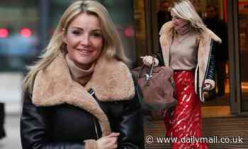 Helen Skelton looks elegant in a shearling jacket and scarlet skirt as she leaves Radio 2 interview