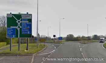 Overturned van sheds scaffolding across roundabout in Lymm