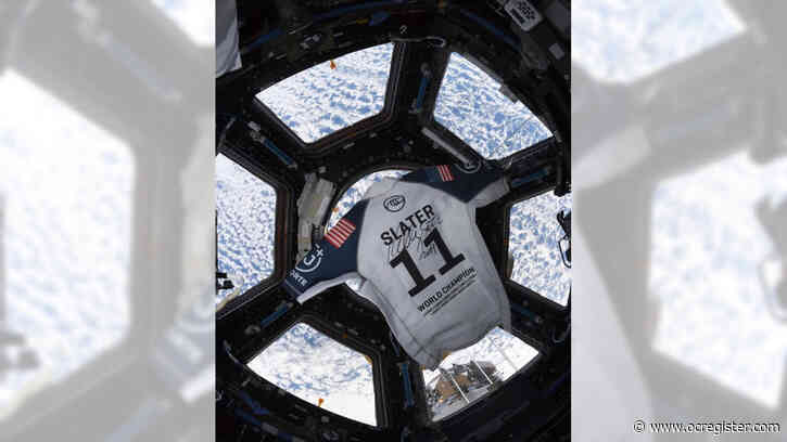 Why is Kelly Slater’s surf jersey floating in space? Find out during his live chat this morning with space station astronaut