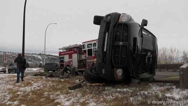 Slick road in northwest Calgary causes rollover crash