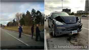 Driver involved in collision after pedestrian walks across Highway 427