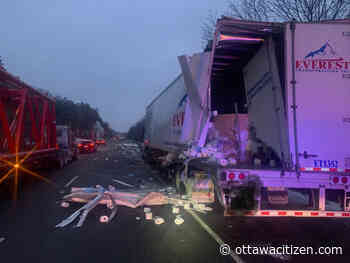 Transport trucks collide, dump toilet paper on Highway 401
