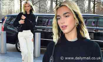 Dua Lipa puts a fresh spin on black and white while out in edgy cut-out pants and a simple sweater