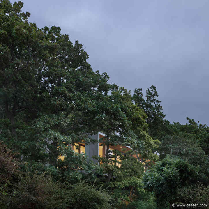 Summer house on steel stilts sits amongst the treetops in Sweden