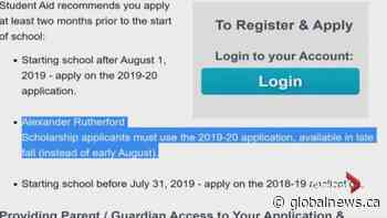 Why did Alberta government delay accepting applications for Rutherford Scholarship?