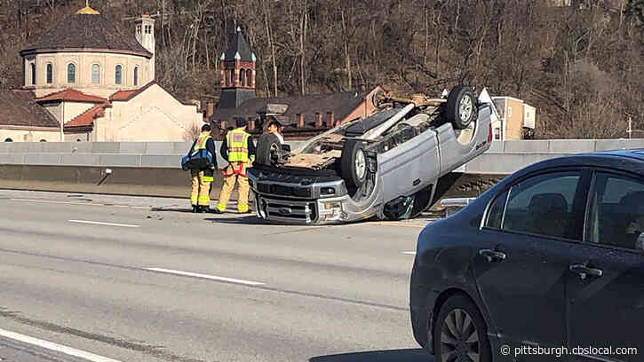 Pick-Up Truck Flips Upside Down, Backing Up Traffic On I-279