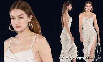 Gigi Hadid flaunts her endless pins in a slinky gown on the runway of the Jacquemus PFW show