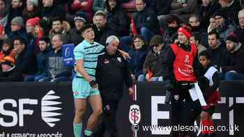Wales' Louis Rees-Zammit on crutches after leaving field injured just two weeks before Six Nations
