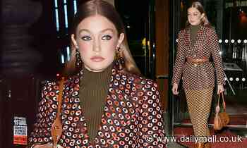Gigi Hadid exudes elegance in a chic patterned blazer as she arrives at a Prada party during PFWM